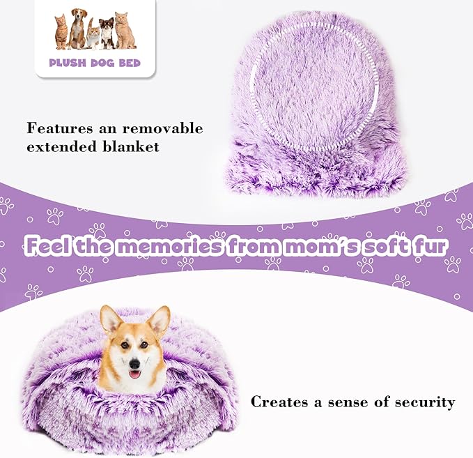 3in1 Dog Beds for Small Dogs with Blanket Attached and Removable Cover, Fluffy Donut Calming Cat Beds Washable Round(Purple,Medium)