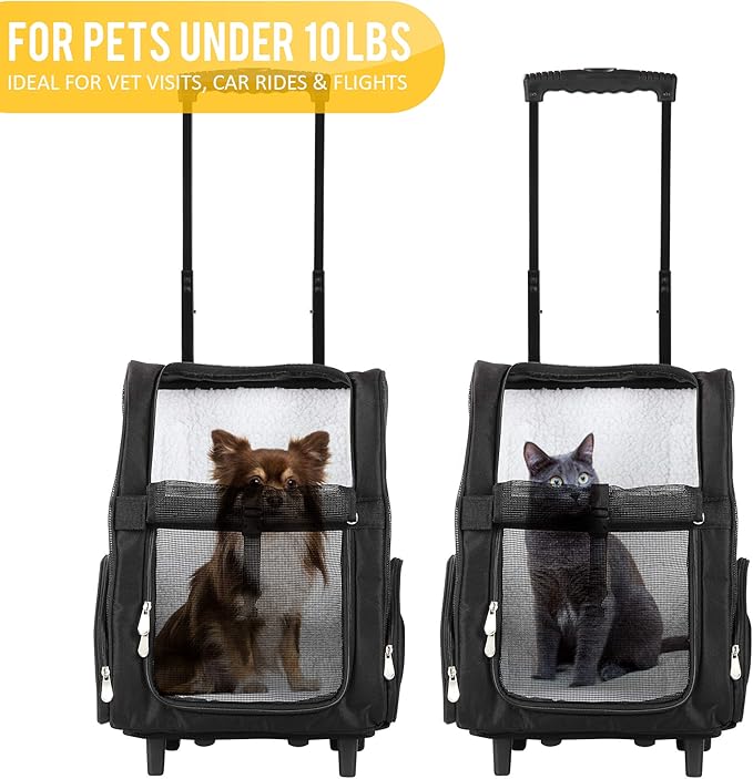 KOPEKS Deluxe Backpack Pet Travel Carrier with Double Wheels - Black - Approved by Most Airlines