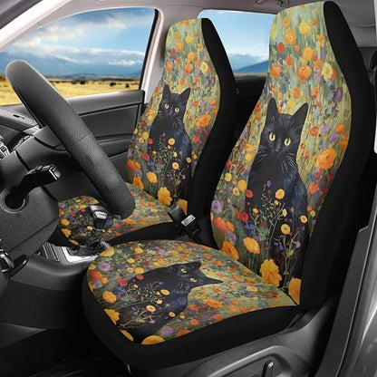 Black Cat Flower Car Seat Covers Front Seats Only Bucket Seat Covers Car Seat Covers for Women Universal Fit Automotive Seat Covers for SUV