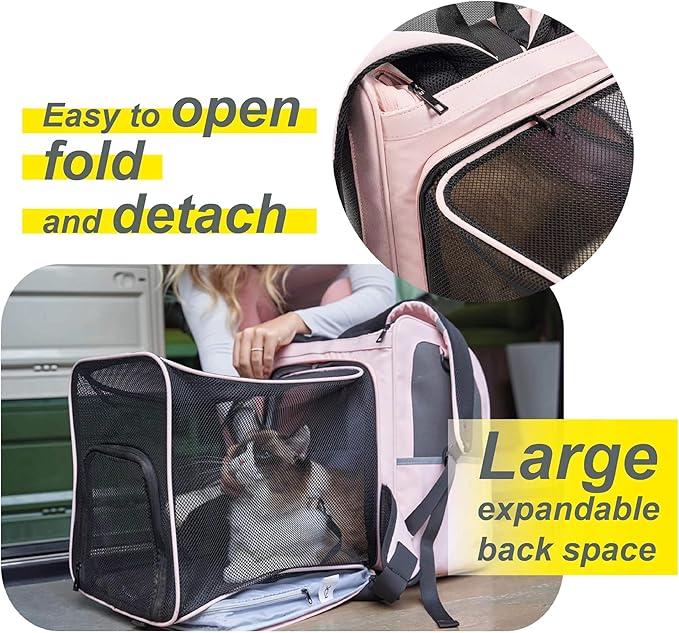 Expandable Pet Carrier, Airline-Approved Foldable and Detachable Backpack, Fits up to 13lbs Cat & 11lbs Small Medium Puppy Dog, Suitable for Car Travel, Outings, Hiking Camping (Pink)