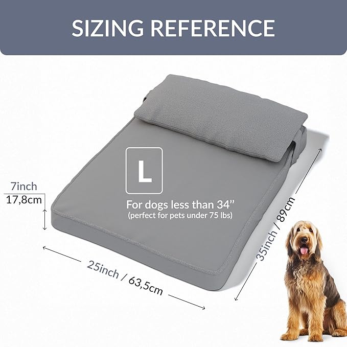 35"x 25" x 7" Washable Dog Bed with Square Pillow and Waterproof Cover, High Density Foam Scratch Proof Large Dog Bed with Orthopedic Support, Ultrasoft Breathable Pet Bed, Gray