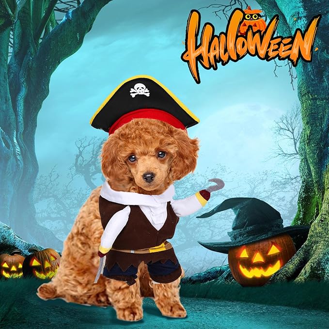 2Pcs Dog Pirate Costume Outfits Captain Hook Cat Clothes Funny Dog Caribbean Hat Halloween Party Costumes Cosplay for Pet Small Medium Puppy Chihuahua Yorkie Corgi (Large)