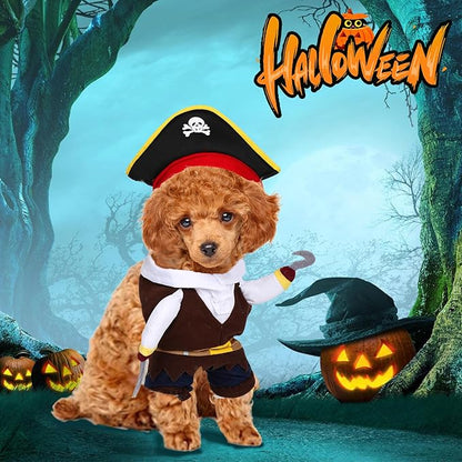 2Pcs Dog Pirate Costume Outfits Captain Hook Cat Clothes Funny Dog Caribbean Hat Halloween Party Costumes Cosplay for Pet Small Medium Puppy Chihuahua Yorkie Corgi (Small)