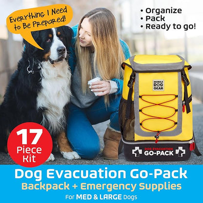 Mobile Dog Gear, Dog Evacuation Go-Pack – Deluxe Backpack Travel Bag + Emergency Supplies - 17 Pcs Bug-Out Survival Kit, Preloaded, Pet Emergency Kit for Disaster Preparedness (Medium & Large Dog)