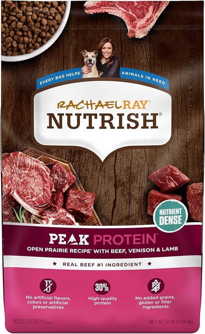 Rachael Ray Nutrish PEAK Natural Dry Dog Food with Added Vitamins, Minerals & Taurine, Open Prairie Recipe with Beef, Venison & Lamb, 12 Pounds, Grain Free (Packaging May Vary)