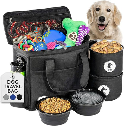 Black Dog Travel Bag for Supplies - Includes Travel Bag, Travel Dog Bowls, Food Storage - Airline Approved Dog Bags for Traveling - Dog Travel Accessories for Camping, Beach