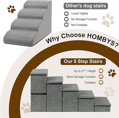 HOMBYS Foldable Dog Stairs for High Bed 21" H 5 Steps