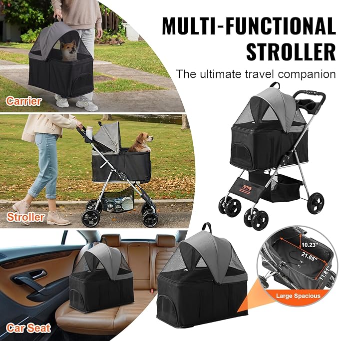 VEVOR 3 in 1 Dog Stroller For Medium Small Dogs Up to 35lbs 4 Wheels