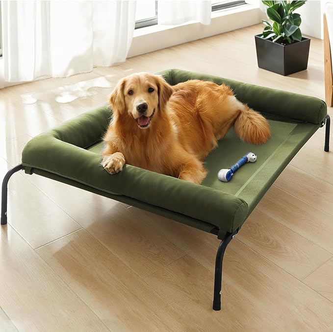 WESTERN HOME WH Elevated Dog Bed Cot, Raised Outdoor Dog Bed with Bolster for Large Dogs, Slightly Chew Proof Portable Cooling Pet Cot with Breathable Mesh, Skid-Resistant Feet, Green,43 inches