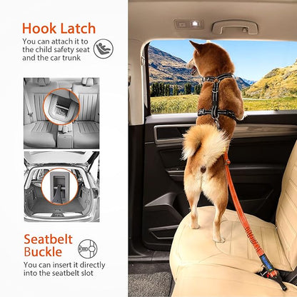 IOKHEIRA Dog Seatbelt, Orange Dog Seat Belt, Adjustable Dog Seatbelt Harness, Reflective Bungee Dog Car Seatbelt with Hook& Buckle, Dog Car Seat Belt with Aviation Aluminum Alloy Swivel Carabiner