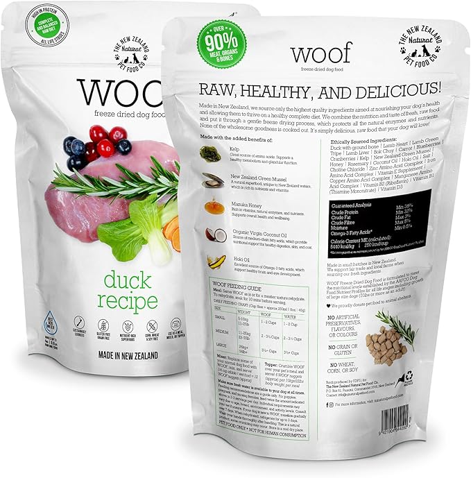 WOOF Freeze Dried Dog Food - Duck Recipe, High Protein Dog Food, Natural Dog Treats, Toppers & Meals, 2.2 lb