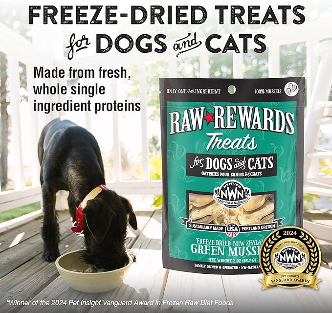 Northwest Naturals Raw Rewards Freeze-Dried Green Lipped Mussel Treats for Dogs and Cats - Bite-Sized Pieces - Healthy, 1 Ingredient, Human Grade Pet Food, All Natural - 2 Oz (Packaging May Vary)