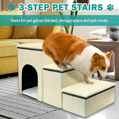 Fhiny Dog Stairs with Storage 3-Steps Foldable 160 lbs