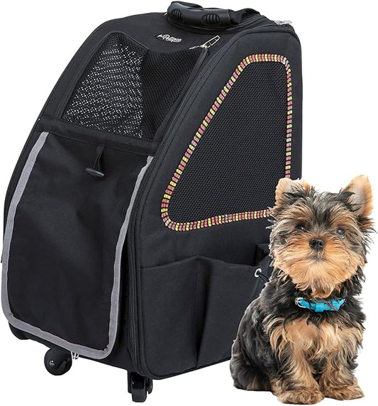 Petique 5-in-1 PET Carrier, Features: Rolling, Top Handle, Backpack, Luggage Attachment, Car Seat All in ONE for Small to Medium Dog, Cat, Bunny, Supports Pets up to 25LBS - Sunset Strip