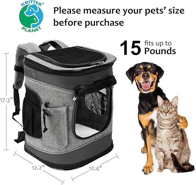 Kritter Planet Pet Carrier Backpack for Dogs and Cats, Breathable Pet Backpack with 2 Mesh Window,Portable Pet Carrier for Camping