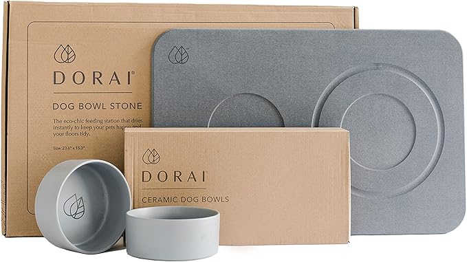 Dorai Home Dog Bowls + Stone Base Set – Modern and Stylish Pet Feeding Station – Non-Slip, Quick Drying Base with Diatomaceous Earth – Includes 2 Bowls and Base – Slate