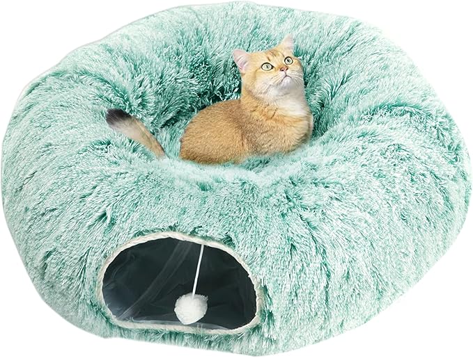 AUOON Cat Tunnel Bed with Central Mat,Big Tube Playground Toys,Soft Plush Material,Full Moon Shape for Kitten,Cat,Puppy,Rabbit,Ferret (Creen)