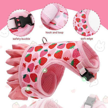 Rabbit Harness and Leash for Walking Escape Proof - Cute Strawberry Pattern Pink Mesh Breathable Bunny Vest Harness Outdoor Camping Hiking Training - Also Suit for Ferret Kitten Puppy Small Animals