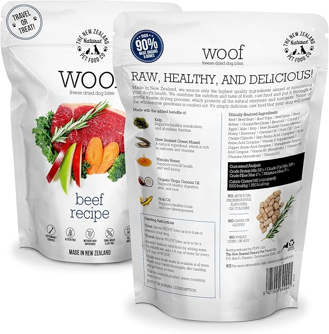 Woof Freeze Dried Dog Food - Beef Recipe, High Protein, Dog Food Topper & Dog Treats, All Life Stages, 1.76 oz