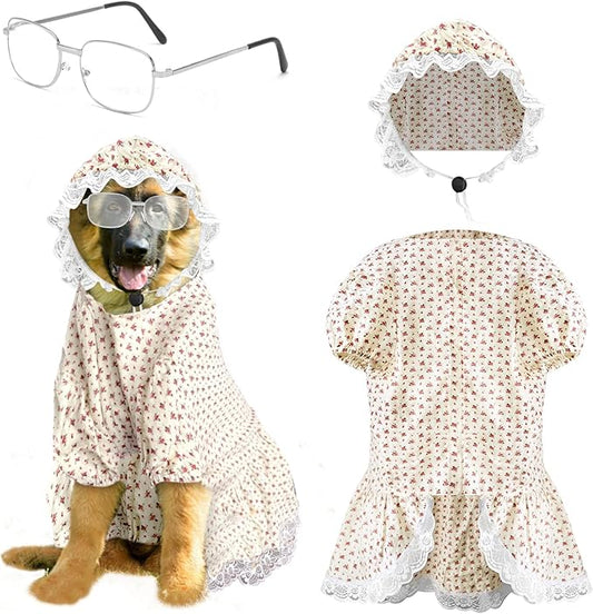 3Pcs Dog Halloween Costum Old Lady Costume for Dog Grandma Dogs Costume Include Dog Dress Hat and Glasses for Dog Halloween Party Cosplay (5XL)