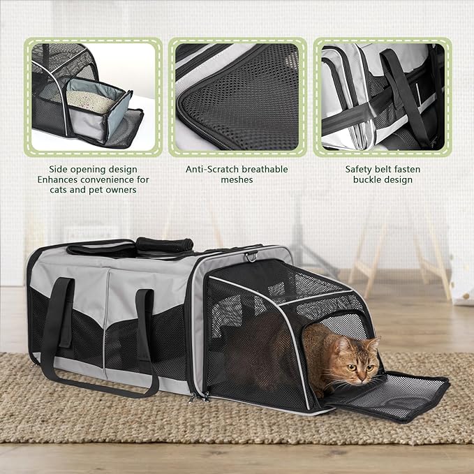 Cat Travel Carrier with Litter Boxes for 2 Cats, Double-Compartment Soft Pet Carrier, Expandable Portable Cat Carrier for Car Travel, up to 35 lb Road Trip, Camping, Hiking, Grey