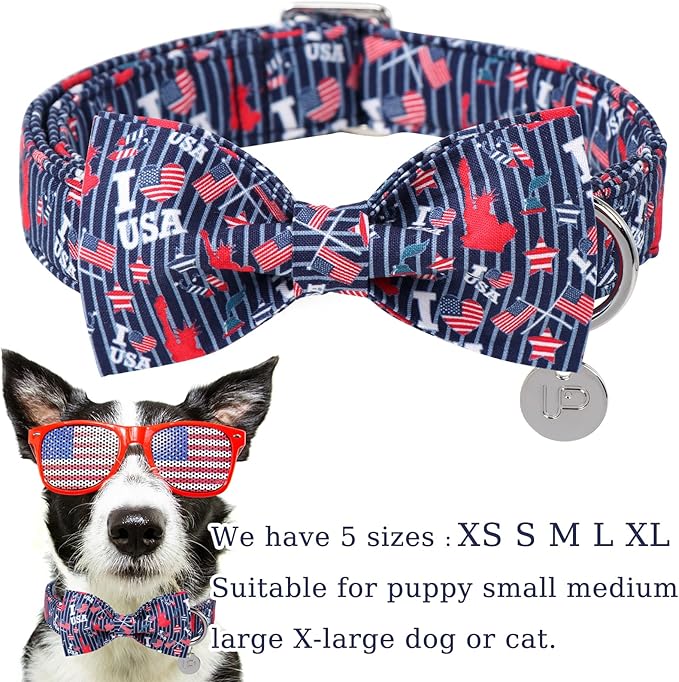 American Flag Dog Collar with Bow Tie 4th of 16-24in