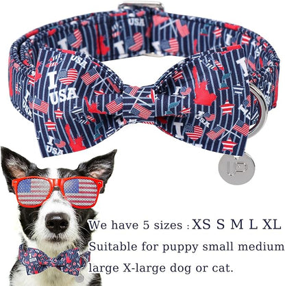 American Flag Dog Collar with Bow Tie 4th of 16-24in