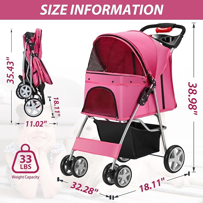 4 Wheels Pet Stroller for Small Medium Dogs Cats 33 lbs