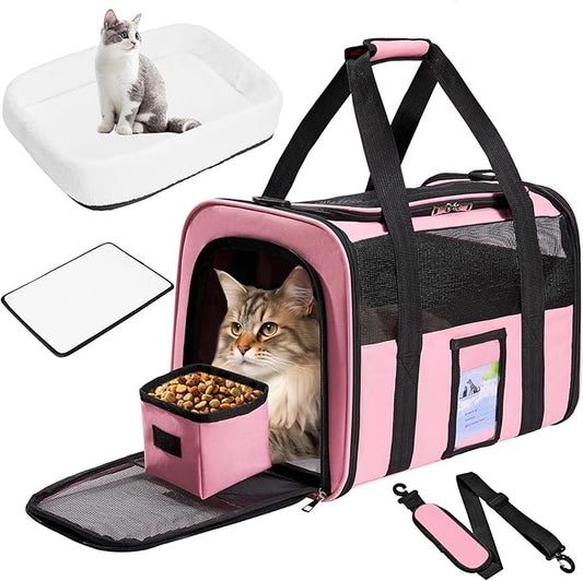 Soft Sided Cat Carrier for Under 18 Pounds, Folable Pet Carrier for Small Medium Cats Dogs, Roomy Dog Travel Carrier, Collapsible Puppy Carrier Bag with Locking Safety Zippers, Pink