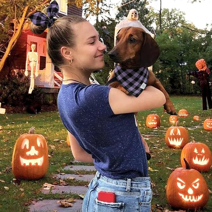 E-Clover Halloween Dog Bandanas & Matching Scrunchie-Plaid Dog