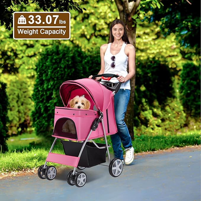 Pet Stroller 4 Wheels Dog Cat Stroller for Medium Small Dogs Cats, Folding Cat Jogger Stroller with Storage Basket & Breathable Mesh, Easy to Walk Travel Carrier, Pink