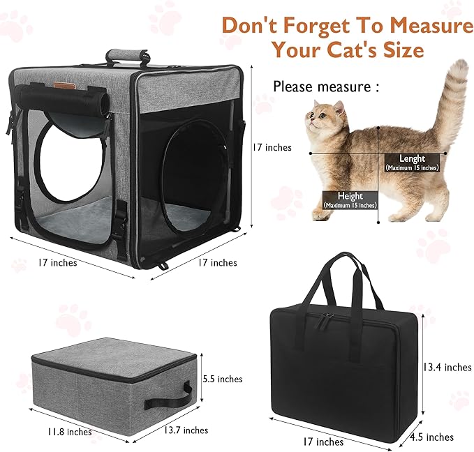 PETUX Cat Travel Carrier with Little Box, Various DIY Methods Large Cat Carrier, Cat Carrier Soft with Tunnel Tube-with Flannel Mat, Hammock, Protable Tote (Grey)