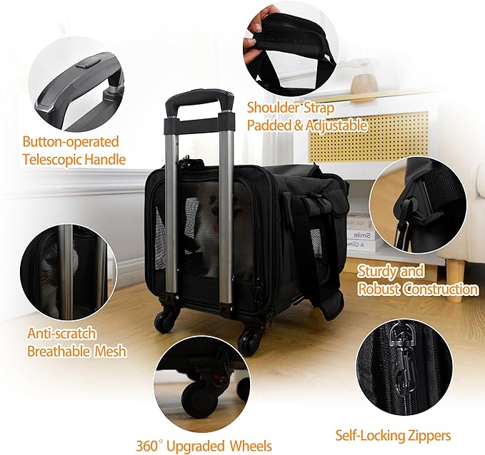 Rolling Airline Approved Premium Dog and Cat Carrier - 16.5" x 13" x 11.5" - Pet Travel Carrier for Small Dogs and Cats Under 16 LBS - Telescopic Handle and 360° Wheels - TSA Approved Cat Carrier