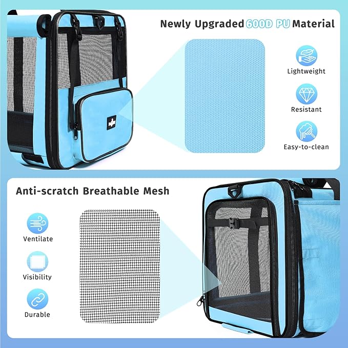 Pet Carrier, Collapsible Airline Approved Dog Cat Carrier, Soft Top Load Cat Carrier Bag for Small Medium Cat & Dog Under 20 lbs, Cat Travel Carrier Bag with Safety Lock Zipper, Blue