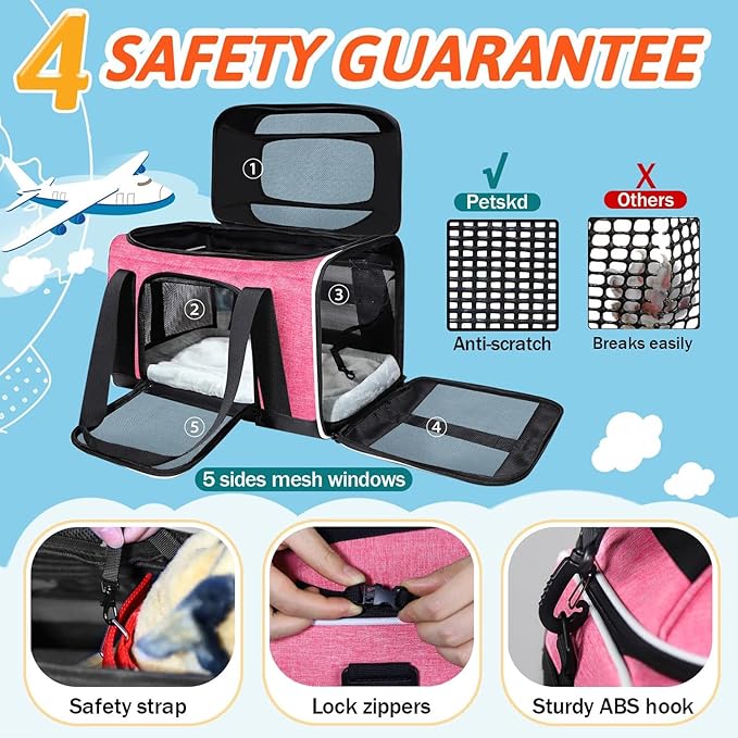 Petskd Top-Expandable Pet Carrier 17x12x8.5 Inches JetBlue Frontier Spirit Airline Approved, Soft-Sided Carrier for Small Cats and Dogs with Locking Safety Zippers and Anti-Scratch Mesh(Pink)