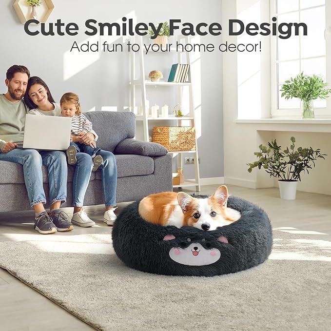 Veehoo Donut Calming Dog Beds for Small Medium Dogs-Round Cute Dog Bed Comfort Pet Bed 23" Dark