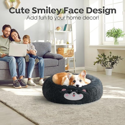 Veehoo Donut Calming Dog Beds for Small Medium Dogs-Round Cute Dog Bed Comfort Pet Bed 23" Dark