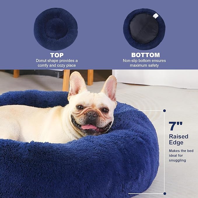 30" Calming Dog Bed with Removable Cover,Anti Anxiety Donut Dog Bed,Plush Round Pet Beds for Medium Dogs,Fluffy Faux Fur Dog Bed,Washable Cuddler Dog Bed(Dark Blue,Medium)