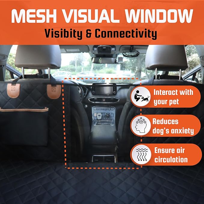 Large Backseat Cover for Dogs. Car Seat Extender with Hard Reinforced Bottom & Mesh. Heavy Duty Hammock. Large Side Flaps- Full Car/SUV Protection- Doors