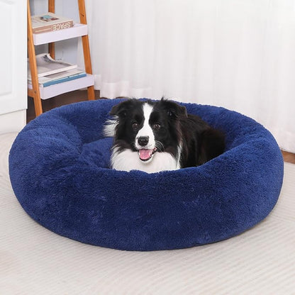 36" Calming Dog Bed with Removable Cover,Anti Anxiety Donut Dog Bed,Plush Round Pet Beds for Large Dogs,Fluffy Faux Fur Dog Bed,Washable Cuddler Dog Bed(Dark Blue,Large)