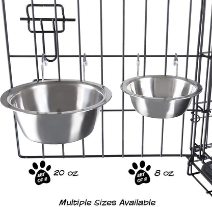 Set of 2 Stainless-Steel Dog Bowls - Cage, Kennel, and Crate Hanging Pet Bowls for Food and Water - 20oz Each and Dishwasher Safe by PETMAKER,Silver