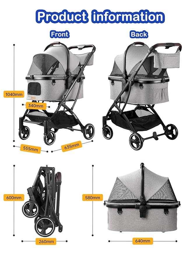 Medium Pet Stroller for Dogs Up to 66lbs 2 in 1 Pet 2 Dogs, 180 ̊ 4 Wheels