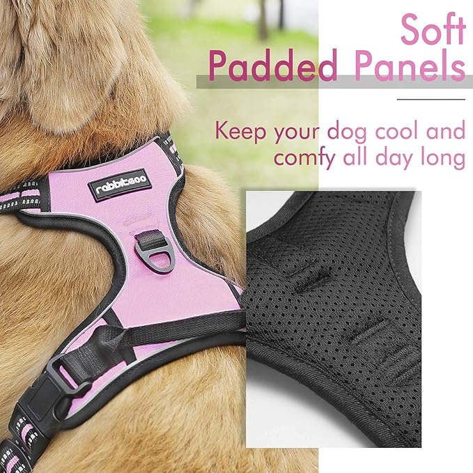 rabbitgoo Dog Harness, No-Pull Pet Harness with 2 Leash Clips, Adjustable Soft Padded Dog Vest, Reflective No-Choke Pet Oxford Vest with Easy Control Handle for Medium Dogs, Pink, M