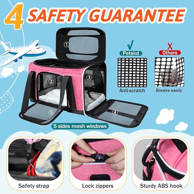 Petskd Top-Expandable Pet Carrier 17x13x9.5 Inches Southwest Allegiant Airline Approved, Soft-Sided Carrier for Small Cats and Dogs with Locking Safety Zippers and Anti-Scratch Mesh(Pink)