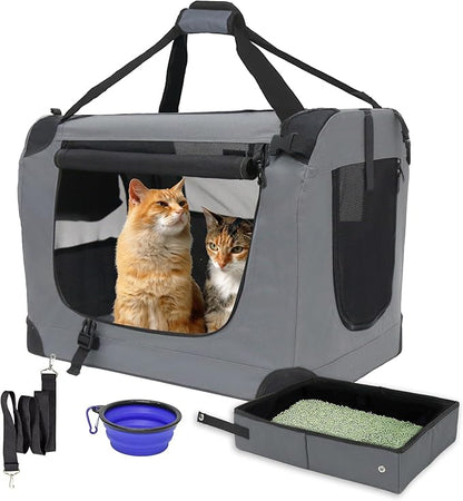 Large Cat Carrier 24"x16.5"x16.5" Soft-Sided Portable Pet Crate for Car Traveling with Collapsible Litter Box and Bowl