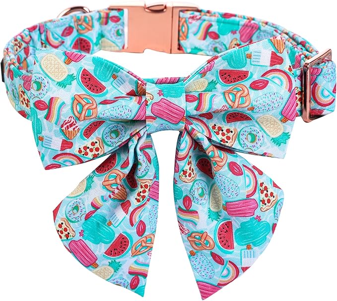 Maca Bates Summer Dog Collar with Fruit Icecream Print Bow Bowtie for Dogs Adjustable Breakaway Bow Tie Cute Puppy Collars Birthday Gift for Small Medium Large Girl Boy Male Female Puppies Pets