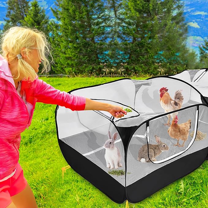 Jhua Pet Playpen for Small Animals, Portable Chicken Run with Detachable Bottom and Cover, Foldable Chicken Coop Indoor Outdoor Pet Pen with Transparent Mesh Walls for Chicken Duck Puppy Cat Rabbit