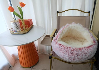 Calming Round Dog Beds &Cat Cave Bed with Hooded Cover 20x20inch)