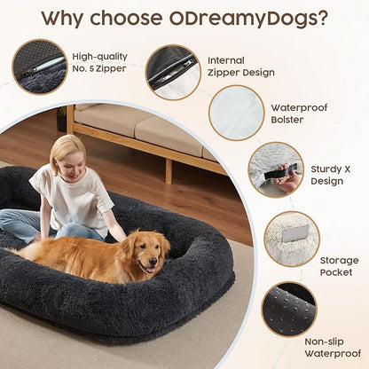 Human Dog Bed Cover (No Filler, Cover only), Human Size Dog Bed Cover Replacement, Suit for 80"x48"x10", 290 GSM Calming Fluffy Plush Cover Washable Removable Anti-Slip, Dark Grey