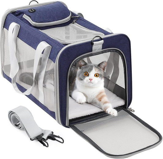 Cat Carrier Dog Carrier Portable Pet Carrier, Soft Sided Fat Cat Carrier Medium Airline Approved, Foldable Bunny Puppy Cat Carrier up to 20lbs, Cat Bag Carrier for Travel (Blue)